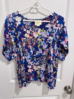 Maeve Multicolor Blue Floral-Print Short Sleeve blouse